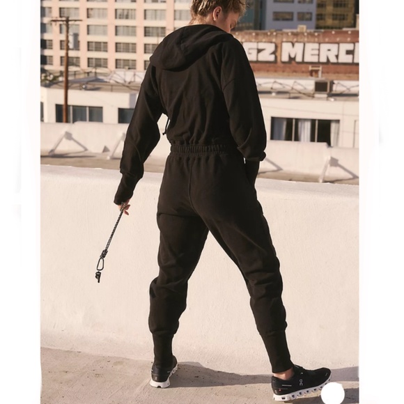 Free People Movement Zip Front Long Sleeves Black Hoodie Sweatshirt Jumpsuit